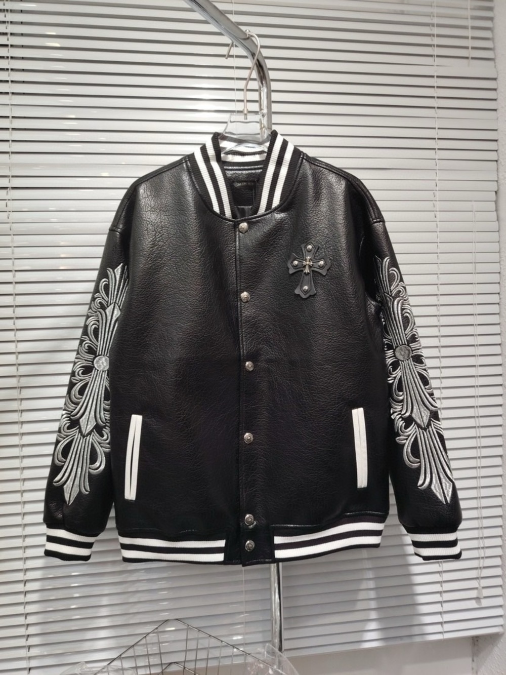 Chrome Hearts Black Leather Varsity Jacket with White Embroidered Sleeves